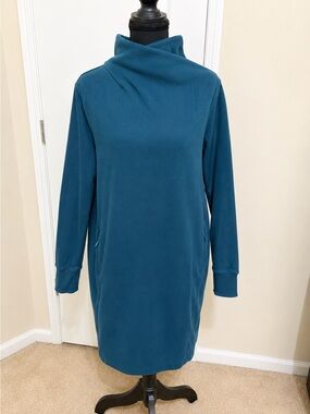 Athleta Cozy Karma Dress M Blue Funnel Mock Neck Soft Fleece Pockets Athleisure